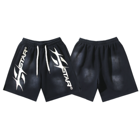Real photos of Hellstar distressed casual shorts with a wash and ink splatter effect.